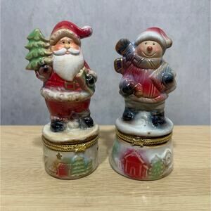 Vintage Christmas Ceramic Trinket Box Santa & Snowman Lot of 2